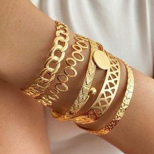 Women's Bracelet 14k Gold Plated Multi Layer Stackable Cuff Bracelet Set - 6 Pcs