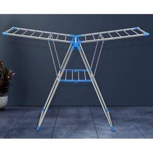 Stainless steel foldable drying rack features blue plastic joints and multiple rods for hanging clothes.