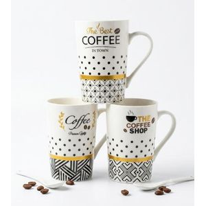3-Piece Premium Ceramic Coffee Mug Set with Spoons – Tall Porcelain Tea & Latte Cups with Gold Accent & Geometric Prints