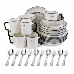 36pcs-(6 Plates, 6cups, 6 Saucers, 6 side dish, 6 forks & 6 spoons) Of Black line Design Plates Bowls Cups Dinner Set 