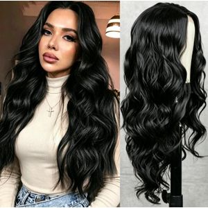 Women wig middle part long curly black female  wave Girl  hair