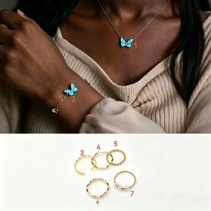 Luminous Butterfly Jewelry Set - Glow-in-the-Dark Necklace & Bracelet with 7PCS Stackable Gold Pearl Rings, Night Glow Jewelry for Women 