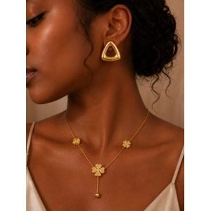 2pcs Stainless Steel Jewelry Set for Women - Gold Clover Necklace & Triangle Earrings - Hypoallergenic, Tarnish Free Box Not Included