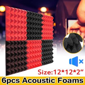 6Pcs Acoustic Foam Studio Soundproofing Foam Wedges Ties Black + Red