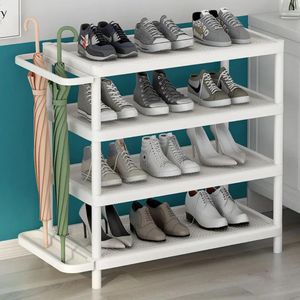 4 Tier Plastic Shoe Rack for Home Chappal Slipper Sneakers Stand with Umbrella Holder Space Saving Multi-Functional Storage Shoe Organiser for Living Room Home & Office - White