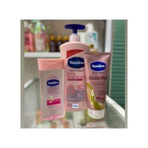 Vaseline 3 in 1 Brightening Package: Intensive Care Vitamin B3 Body Oil + Daily Brightening Even tone Lotion + Gluta-Hya Dewy Radiance Serum Burst Lotion