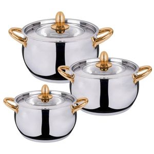 3Pcs Stainless steel cookware with gold-colored handles and lids. 