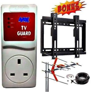High Quality TV Accessories TVGuard, TV Guard Surge Power +Voltage Protector For 32" frameless tv android smart youtube decoder With EXTRA BONUS Wall Mount Stand For 14"- 43" Television, Digital Smart Android TV Aerial Antenna & Coaxial Cable