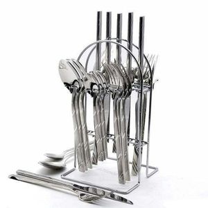 24 Pcs Self Design Dinner Cutlery (Forks,Spoons& Knieves) With A Stand - Silver