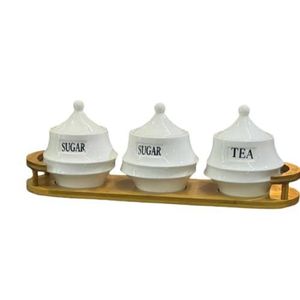 Tea Coffee Sugar 3 Canisters Containers Set With Wooden Bamboo Stand Tray Condiment Pots Airtight Jars Set- White.