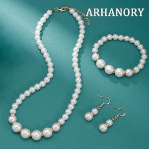 ARHANORY 3pcs/set Women's Faux Pearl Wedding Necklace Earring Bracelet Sets Bridal Jewelry