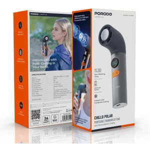 Porodo Lifestyle Chillo Polar Portable Handheld Fan with Semiconductor Cooling, 3000mAh Battery, 100 Speed Levels, 11,000RPM Motor, Instant Cold Compress, USB-C Charging, 11.2H Runtime, Gray