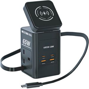 Green Lion  Universal Multi-Port Travel Adapter, GaN 65W PD with 2x 2500WAC Sockets & USB-A & USB-C Ports, Fast Charging Adaptor, 80cm Retractable Cable, 15W Wireless Charging Compatible With MagSafe