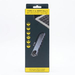 8-in-1 Type-C to HDTV Multiport Adapter featuring an HDMI/HDTV port, Power Delivery (PD) charging, dual USB ports, a data Type-C port, SD and TF card slots, and an RJ45 Ethernet port. TYPE-C to HDTV 8 in 1 hub. Connect your USB-C computer to HDTV display