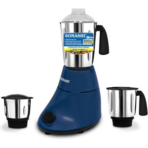 Sonashi 3-in-1 Mixer Grinder with 800W Powerful Motor 1.0L Liquidizing Jar, 0.8L Dry Grinding Cup & 0.4L Chutney Cup 3-Speed Control with Pulse Function SB-190N - Multi Color 