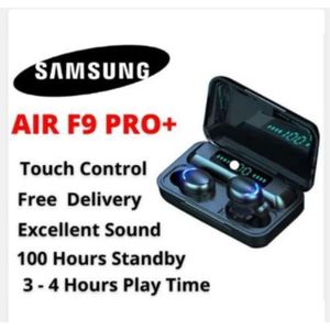 Samsung Air F9 Pro Plus Wireless Deep Bass Bluetooth Earphones With Big Battery Life Mic Stereo Sound Headsets Earbuds Ear Pods Airpods Waterproof LED Display - Black