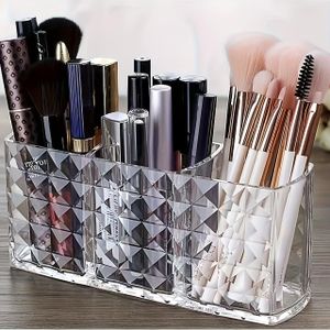 ShebSheb Modern and Stylish Cosmetic Organizer, Clear Small and Compact Storage Box with 3 Slots, for Vanity and Bathroom Countertop