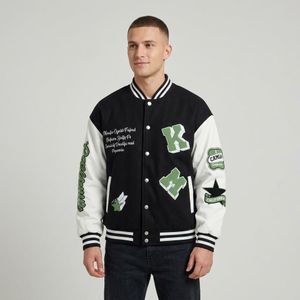 Unisex Oversized Varsity Bomber Jacket – Black / White / Olive Green