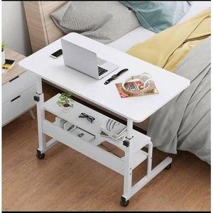 Adjustable Height Mobile Laptop Desk Stand with Storage Shelves & Wheels - Pure White