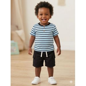 Aloe Eva 2-Piece Toddler Boy Summer Outfit Set - Striped Henley T-Shirt & Cargo Shorts