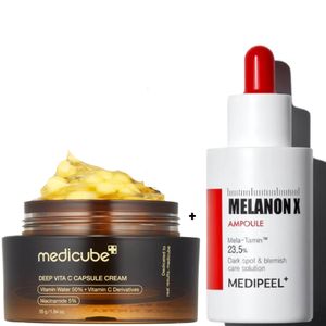 Medicube Deep Vita C Capsule Cream with Alpha arbutin + MEDI-PEEL Melanon X Ampoule Serum Dark Spot & Blemish care Solution. Removes Dark Spots, Discolorations, Hyperpigmentation, Comedones, Brightens, Gently Exfoliates, Minimizes Pores, Glows, Smooths & Firms