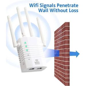 Dual Band WiFi Repeater 1200Mbps – 4 Antenna WiFi Extender, 2.4GHz & 5GHz Wireless Signal Booster, 2 LAN Ports, Wall Penetration for Home Office – White