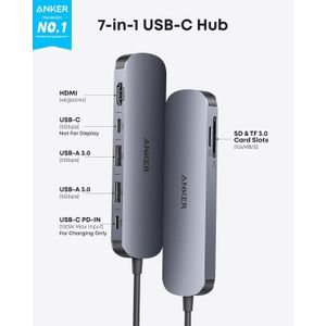 Anker  USB C Hub, 7in1 Multi-Port USB Adapter for Laptop/Mac, 4K@60Hz USB C to HDMI Splitter, 85W Max PD, 2 USB 3.0 & 1 USBC Data Ports, SD/TF Card Reader, for Type C Devices