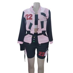 Sporty Pink and Black Two-Piece Set with Jacket and Shorts