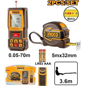INGCO Laser Distance Detector Combo Kit 70m Range 2mm Accuracy, Class 2 Laser, Includes Steel Measuring Tape Self-Lock Multi-Function
