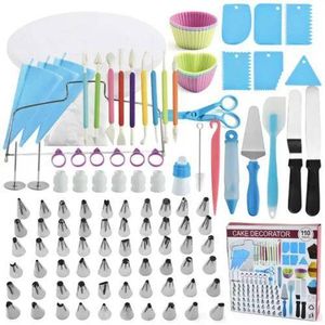 110Pcs Cake Baking Decoration Tools With Icing Tips Guide Household Kitchen Cake Stencils Nozzles Piping Tips Fondant Turntables Stand Dessert Cake Decorating Tools With Piping Bags & Tips Set, Carving Pen, Cupcake Wrappers