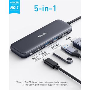 Anker 332 USB C Hub, 5-in-1 USBC to HDMI Splitter with 4K Display, 1 x Powered USB-C 5Gbps & 2×Powered USB-A 3.0 5Gbps Data Ports