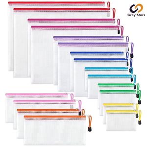 18 pcs Colorful Zippered Document Bags, Waterproof Storage Bags, Ticket Collection Bags, with Mesh Pockets and Drawstring Handles, Available in Multiple Sizes