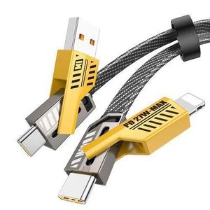 Cheetah Original  CA-1300 Metal USB Fast Flat Wire Charging 2TO2 Cable 4-in-1 Nylon Type C/USB A/for Lightning 27W, 67W Power 3A, 4.5A, 5A, 6A Compatible With Iphone, Samsung Galaxy Super Fast Charging Oppo Vooc, mi turboo