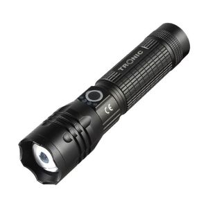 Metallic, rechargeable LED Torch with 1200 Lumens, a 5000MAH rechargeable lithium battery, an adjustable beam focusing for that zoom effect, with five adjustable modes