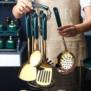 Luxury Gold-Plated Kitchen Utensil Set with Dark Green Ceramic Handles and Rotating Stand