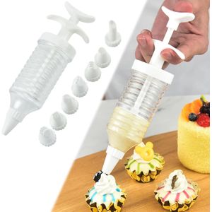 Pipe Nozzles with Syringe, Plastic Cream Baking Piping Nozzle Dispenser Icing Pastry Tips Tube Decoration Tool Cake Decorating & Icing Syringe Piping Set with 7 Nozzles 
