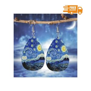 1pcs wooden retro art Van Gogh art oil painting starry sky pattern earrings, simple design sense ladies student earrings gift