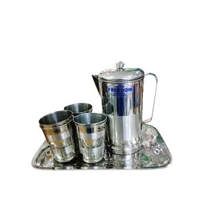 8 Pieces Set Of Stainless Steel  Jug Tray And 6 Tumblers-Silver