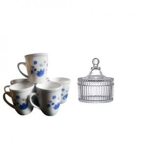 6 Pieces Set Of Tea Coffee Cups With Free Transparent Glass sugar Bowl- White/Blue