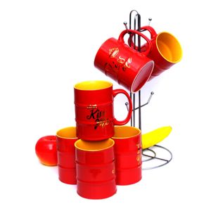  6 Piece Mugs For Coffee, Tea, Hot Chocolate Lover Gold Printed Word Cups Gift Set- Red