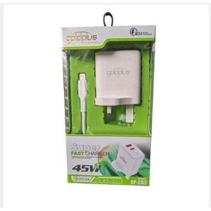 Goldplus 45W USB-C PD Super Fast Charger (3-Pin) + Type-C To C Cable – White – Quick Cha