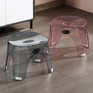 transparent acrylic bathroom shower stool, featuring a sleek, minimalist arch design and an integrated center handle/drainage hole.