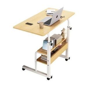 Adjustable Overbed & Sofa Laptop Desk with Storage Shelves, Mobile Rolling Standing Table, Portable Computer Workstation for Home Office & Study (Wood & White