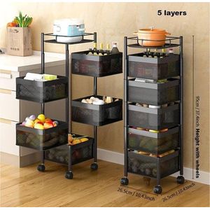 4 Tier Square Storage Rack with Wheels, Fruit Vegetable Storage Basket, Movable Household Storage Rack for Kitchen Living Room Bathroom Toilet