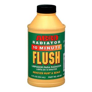 ABRO 12-ounce bottle of Radiator 10 Minute Flush a liquid cleaner designed to clean car cooling systems