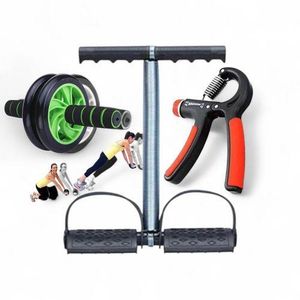 3-in-1 Home Gym Fitness set featuring an ab roller, a spring tummy trimmer, and a hand grip strengthener - Multicolor