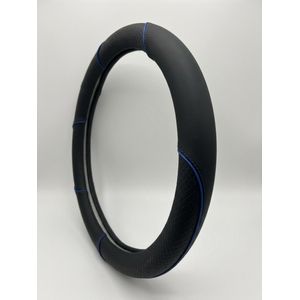 Sport Leather Steering Wheel Cover with Textured Grip & Blue Accent Stitching-Black