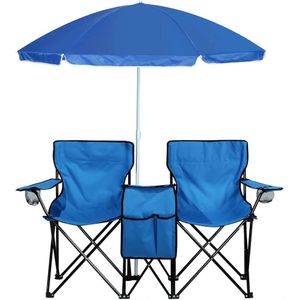 Double Folding Picnic Chair with Umbrella Mini Table Drink Holder Tote Bag for Beach Terrace Pool Park Outdoor Portable Camping Chair - MULTICOLOR