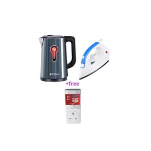 Hoffmans Pack Of Original 2.5Ltrs Electric Tea Kettle For Boiling Water Stainless Steel Double Wall Hot Water Boiler With Automatic Shut Off & Boil-Dry Protection Plus A Steam & Dry Flat Iron And A FREE 13A Voltage Protection TV Guard Adaptor- Multicolor