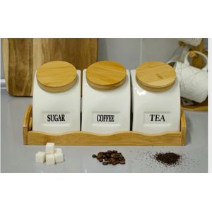 Ceramic Tea, Coffee & Sugar Canisters Set – 3 White Jars with Bamboo Lids & Wooden Tray